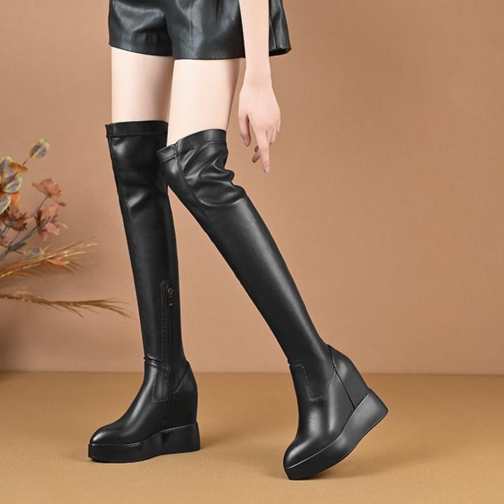 12cm厚底过膝长靴小个子真皮坡跟鞋弹力靴内增高骑士长筒瘦瘦靴