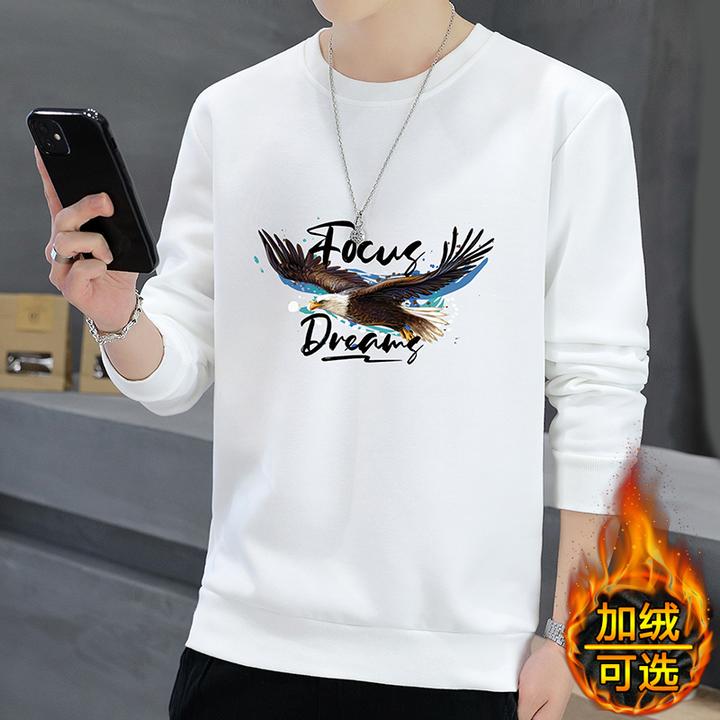 秋冬季新款男士圆领印花卫衣加绒加厚宽松套头简约男装外穿秋衣潮