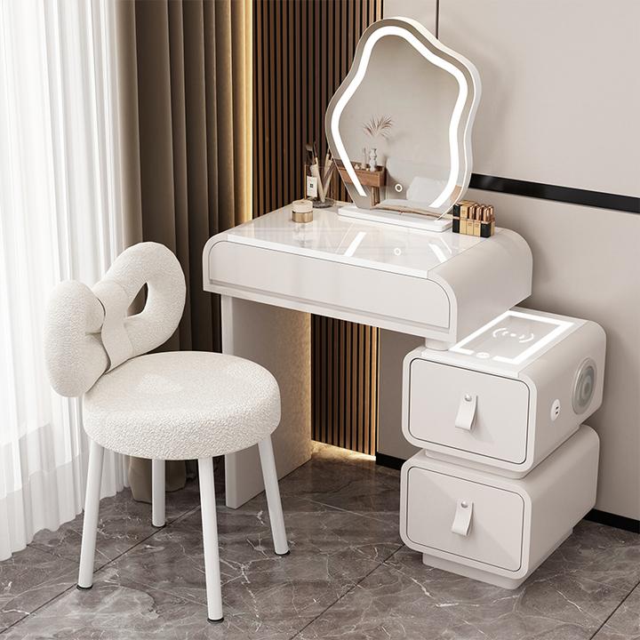 小户型奶油风梳妆台轻奢岩板智能现代简约化妆桌2024新款卧室妆台