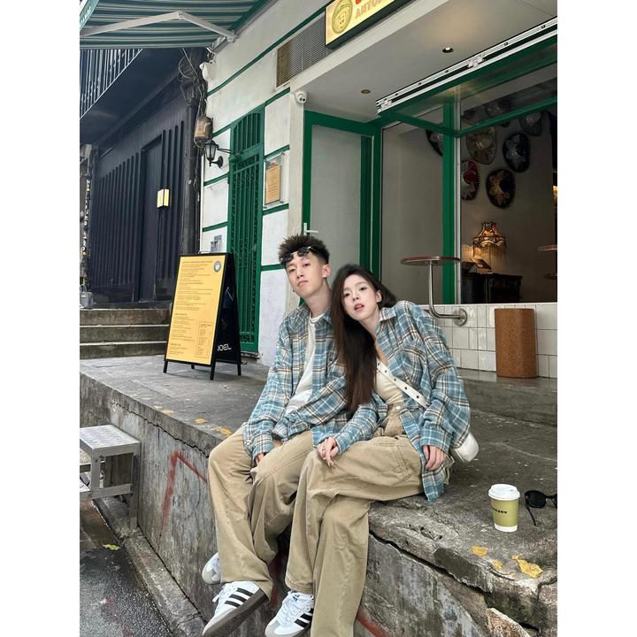 尤柯鸟格纹流苏破坏长袖衬衫男设计感美式复古外套痞帅情侣装衬衣