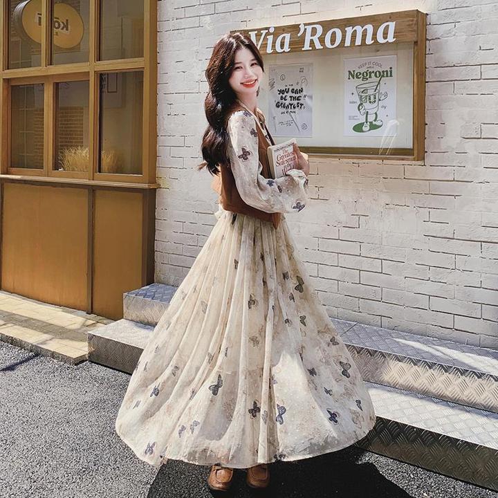 早秋穿搭马甲碎花连衣裙套装女2025新款高级感气质显瘦长裙