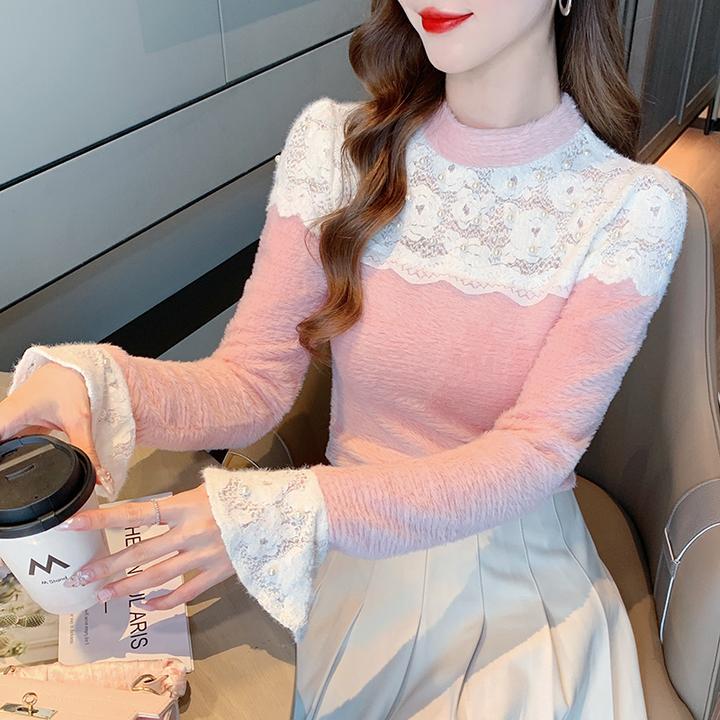 韩版拼接蕾丝衫女士洋气时尚百搭打底衫甜美设计感淑女内搭上衣服