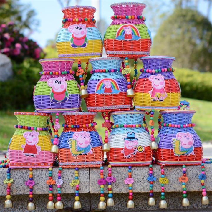 民族风创意藤编编织三色绣花纯手工双肩背小背篓风铃幼儿舞蹈道具