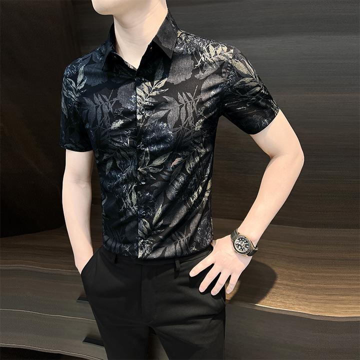 冰丝短袖花衬衫男夏季2025新款商务休闲痞帅碎花衬衣轻奢痞帅男装