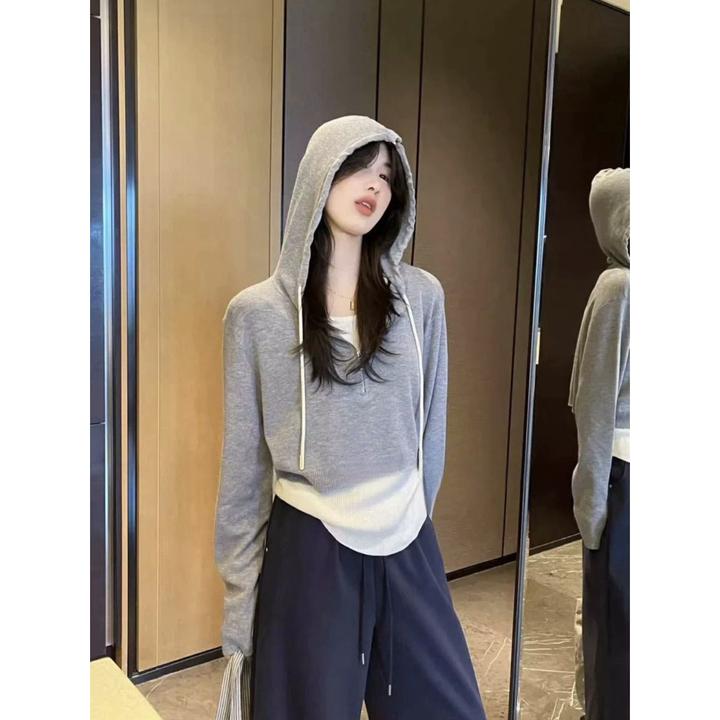 两件套连帽针织衫ins背心2024秋冬新款时尚显瘦短款长袖毛衣上衣