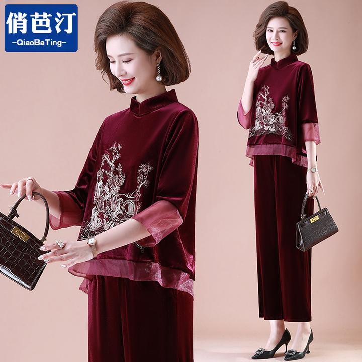 中年妈妈春装上衣外套洋气中老年人金丝绒套装女春秋阔太太两件套