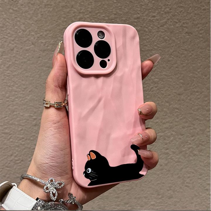 可爱小黑猫适用iphone15苹果手机壳14promax褶皱13pro全包12/11/8
