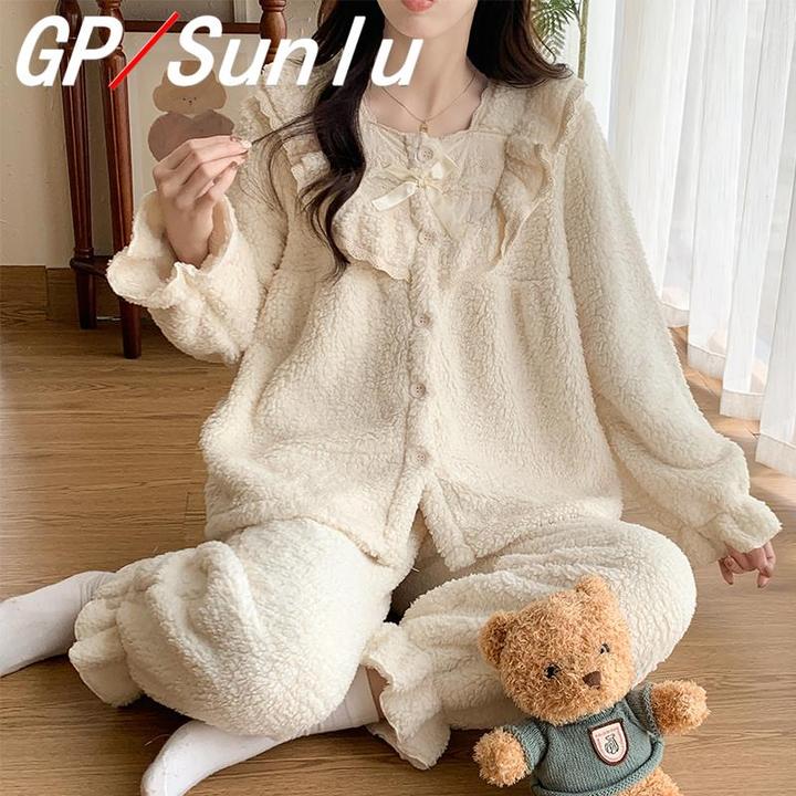 日本小众GP珊瑚绒睡衣女生秋冬款加绒加厚保暖套装甜美公主风家居