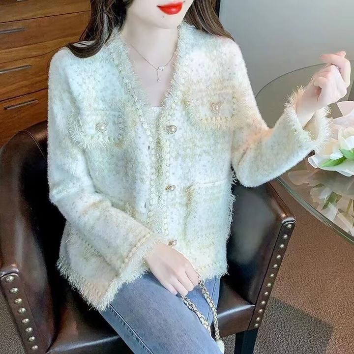 小香风仿水貂绒外套女2025春秋新款纯色设计感洋气加厚针织开衫潮