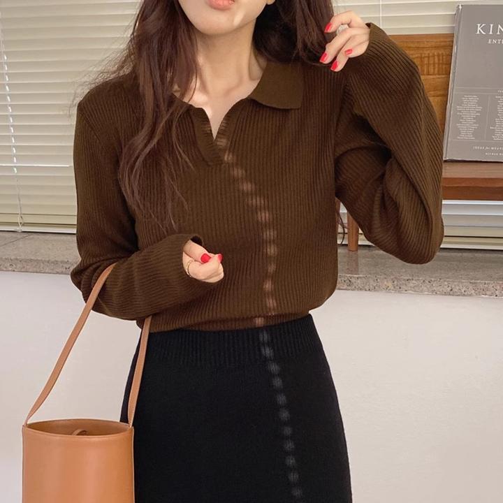 polo领毛衣女装咖色针织衫上衣秋季2025年新款翻领早秋内搭打底衫