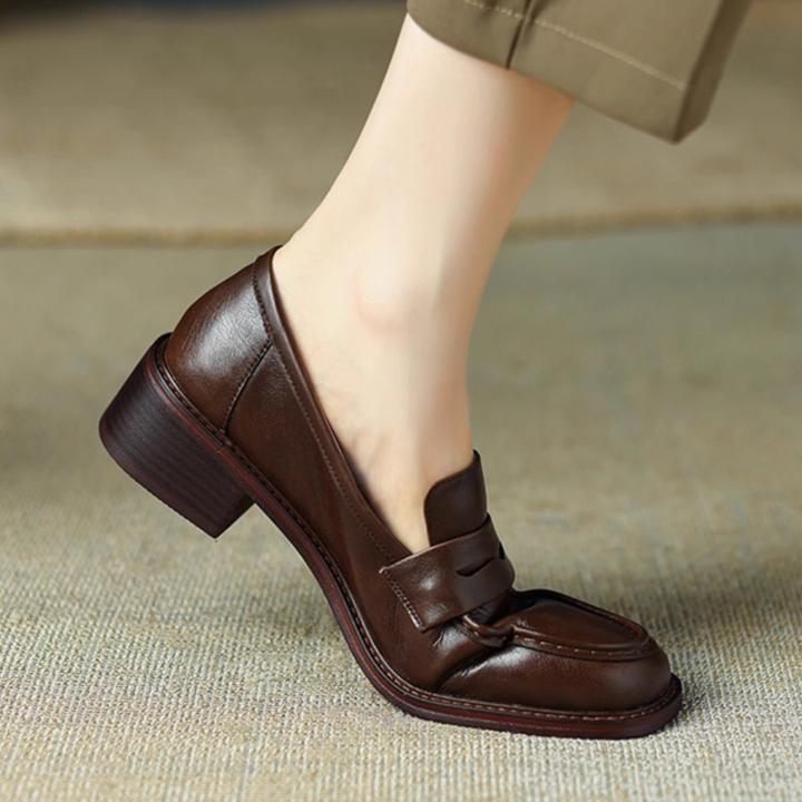 【玺月严选】新款英伦风软皮乐福鞋女粗跟软底一脚蹬小皮鞋中跟单鞋