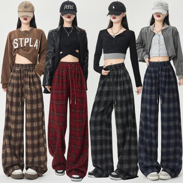 2024厚实毛呢格子裤女冬季新款复古直筒休闲裤宽松百搭显瘦阔腿裤