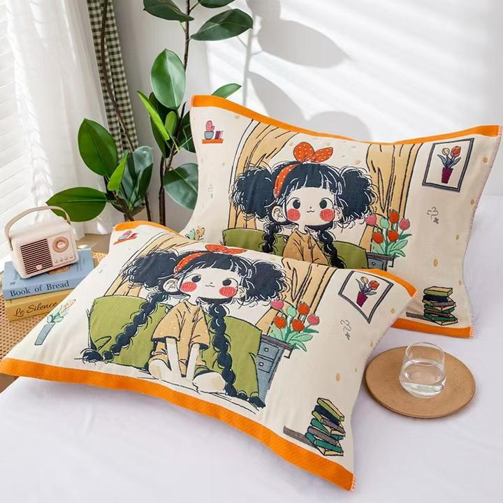 纯棉纱布枕巾卡通舒适透气一对装家用男女成人学生加大情侣八层