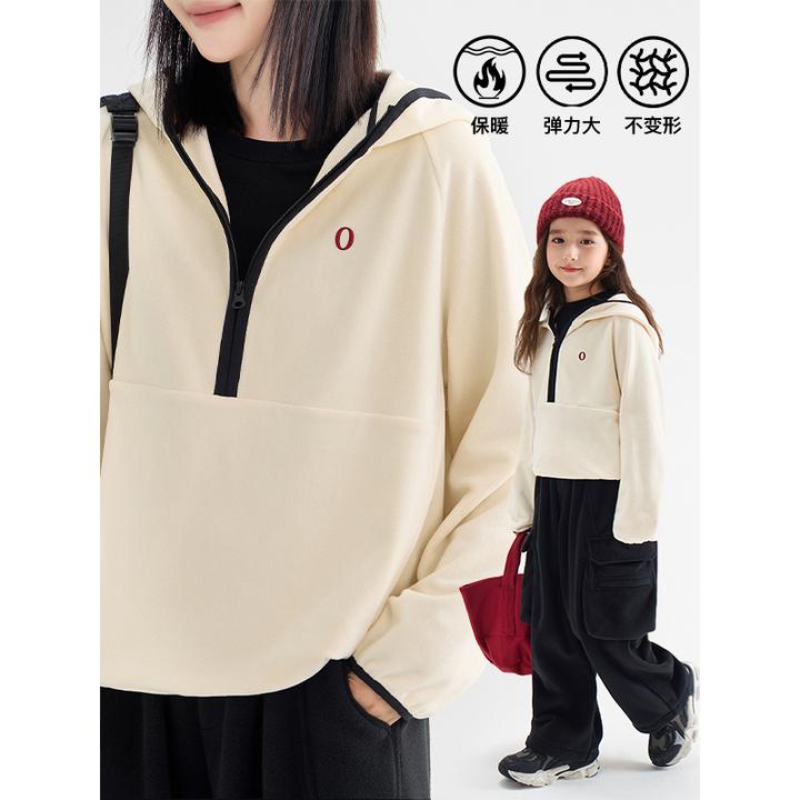 辰辰妈【淡人穿搭】女童反季加绒半拉链连帽卫衣儿童保暖上衣6681D