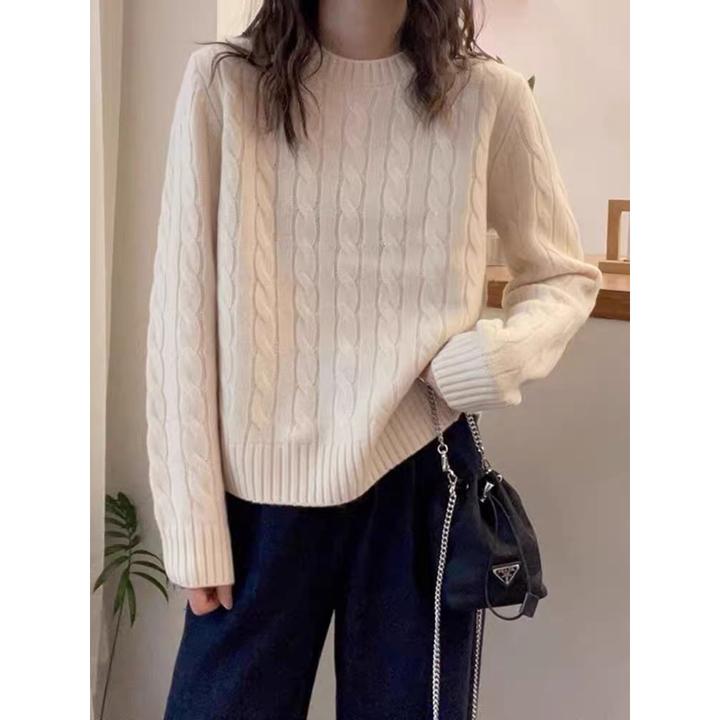 慵懒灰色麻花针织毛衣女套头秋冬新款设计感宽松针织内搭打底上衣