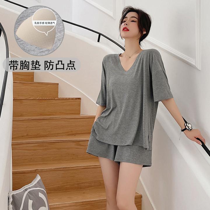带胸垫睡衣女夏季莫代尔短袖套装宽松韩版家居服薄款简约V领长裤