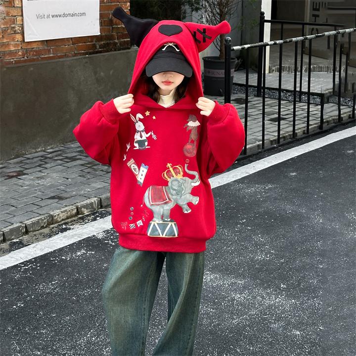 加绒卫衣女童新款2024爆款时尚洋气女孩红色上衣儿童冬季加厚衣服