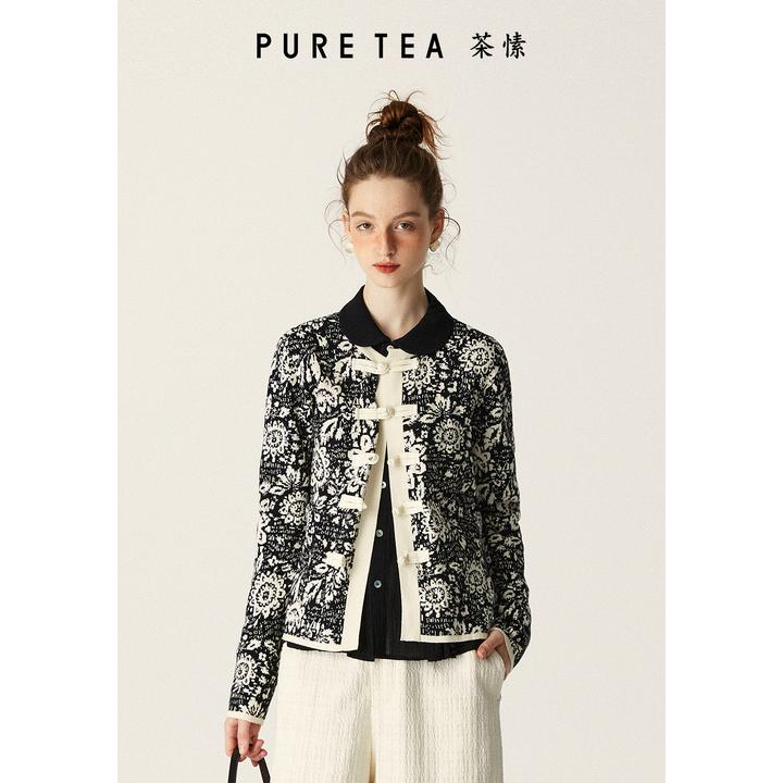 PURE TEA/茶·愫【商场同款】新中式提花针织外套2024秋新品对襟盘扣