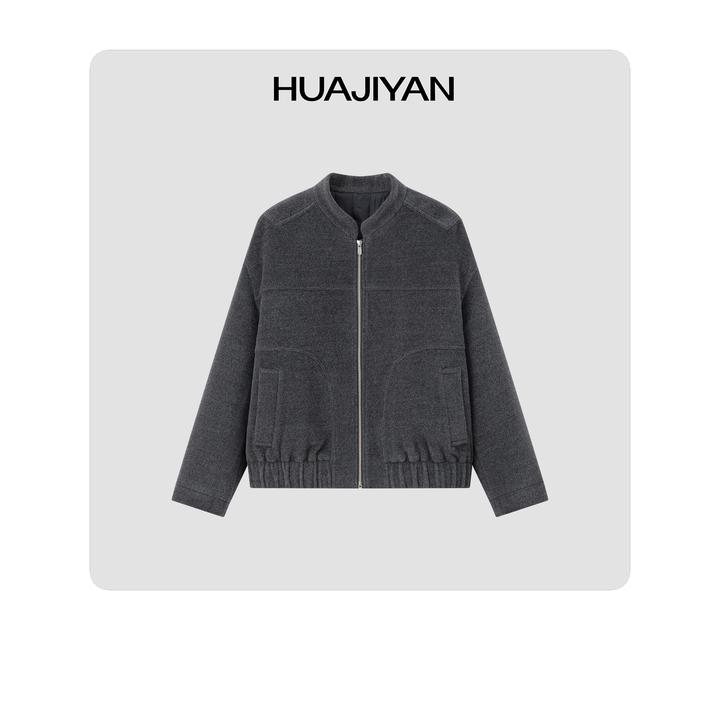 华吉言/HUAJIYAN【冷杉】100初剪羊毛立裁颗粒感立领夹棉短夹克外套