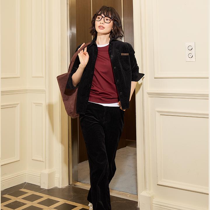 华吉言/HUAJIYAN【乌木】长绒棉灯芯绒绵羊皮拼接衬衫外套