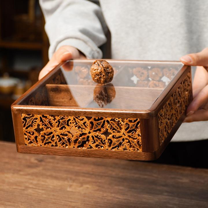 HZ003（邱师傅）黑胡桃木核桃干果盒分格带盖中式复古方形点心盘