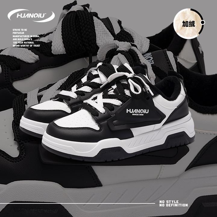 环球黑白加绒板鞋男2025冬季新款加厚保暖二棉鞋休闲时尚百搭潮流