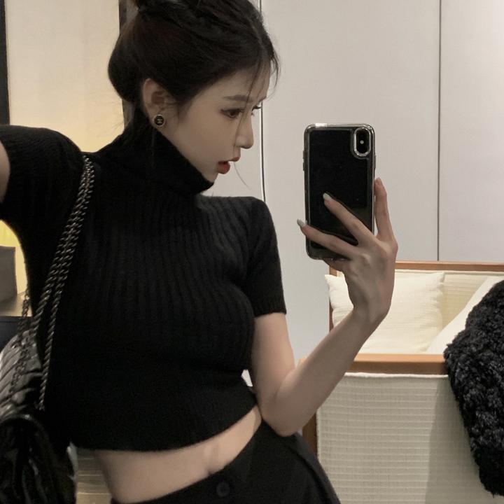 高领修身短款打底针织衫女秋内搭毛衣高级设计感别致独特短袖上衣