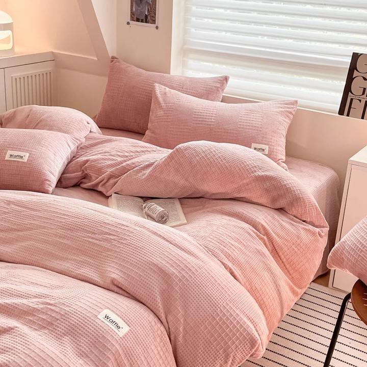 新款A类加绒加厚华夫格牛奶绒被套单件纯色珊瑚短毛绒被罩秋冬款