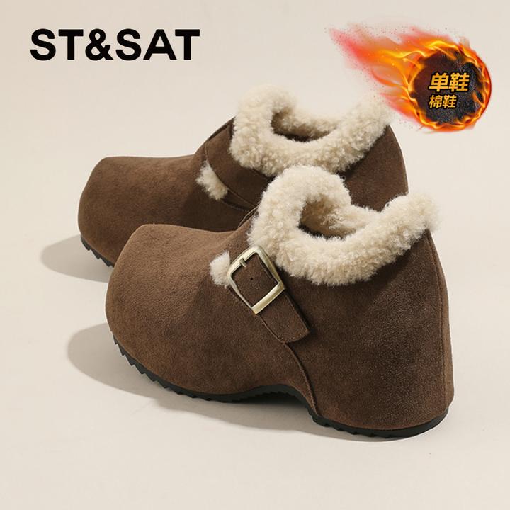 星期六加绒保暖棉鞋女2025新款冬季厚底高跟毛绒勃肯鞋防滑雪地靴