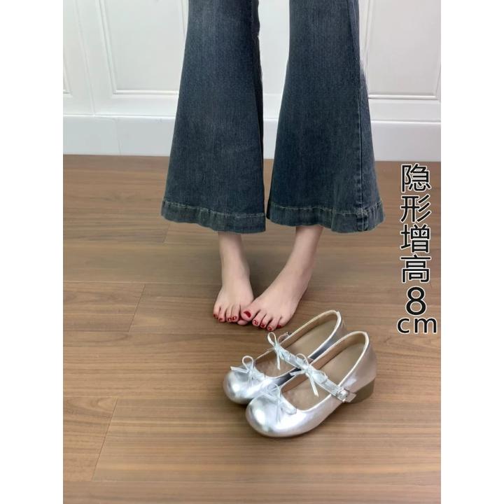 不累脚！银色玛丽珍高跟鞋女粗跟浅口小个子内增高单鞋晚晚鞋洋气