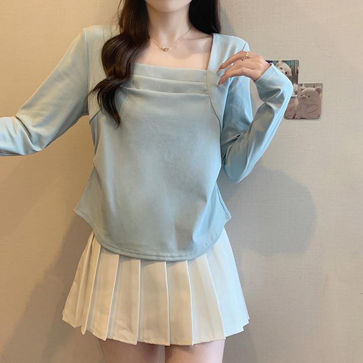 大码方领褶皱打底T恤女春季新款微胖妹妹显瘦遮肉设计感小众上衣