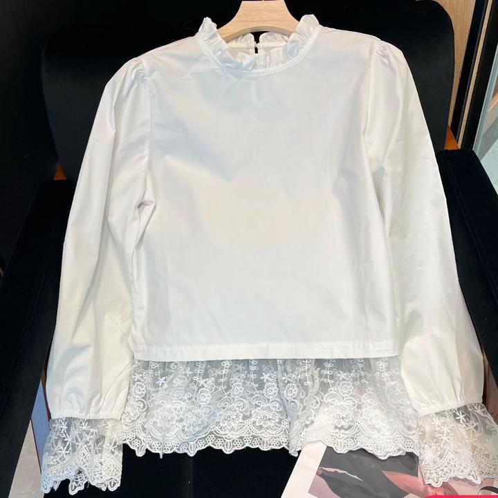 荷叶边拼接蕾丝衬衫2025新款春季白色简约基础款泡泡袖上衣衬衣