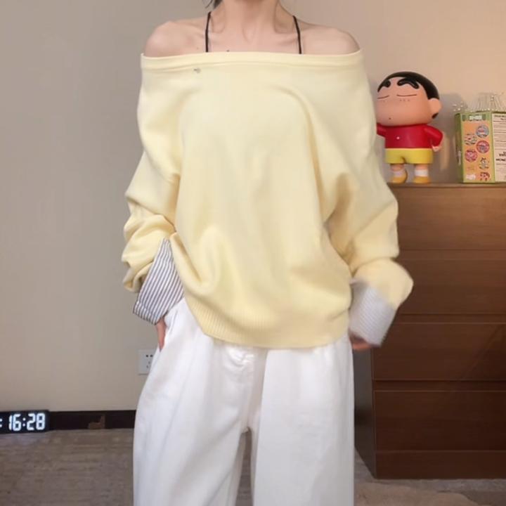 韩系斜肩低圆领针织打底衫女2025春秋新款小众设计感套头长袖上衣