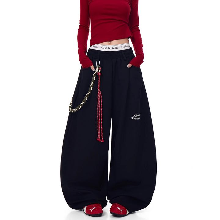 美式复古拼接腰绳挂饰春秋休闲卫裤女宽松阔腿爵士舞运动