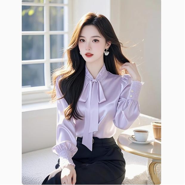 春季2025新款韩系穿搭洋气百搭显瘦休闲气质名媛紫色蝴蝶结衬衫女