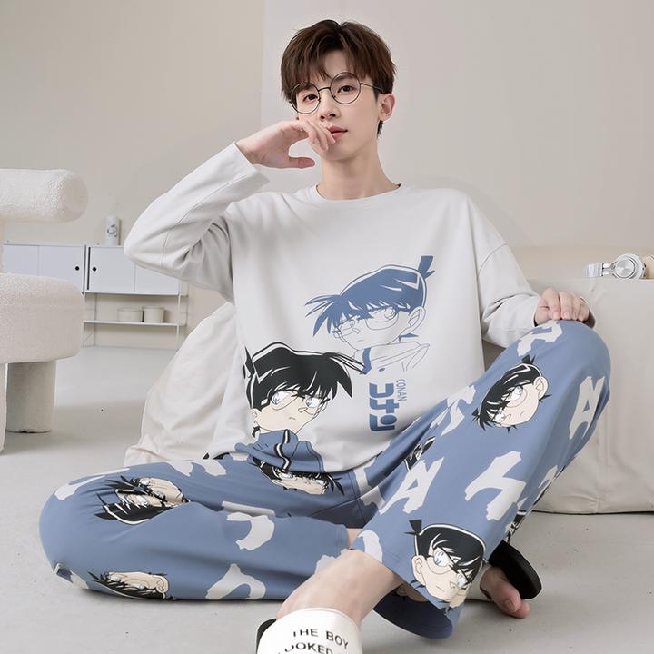男士睡衣春秋季纯棉薄款长袖卡通柯南青少年加大码学生家居服套装