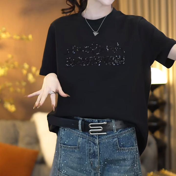 设计感珠片绣新年红短袖T恤女2025新款春夏时尚圆领宽松大版上衣