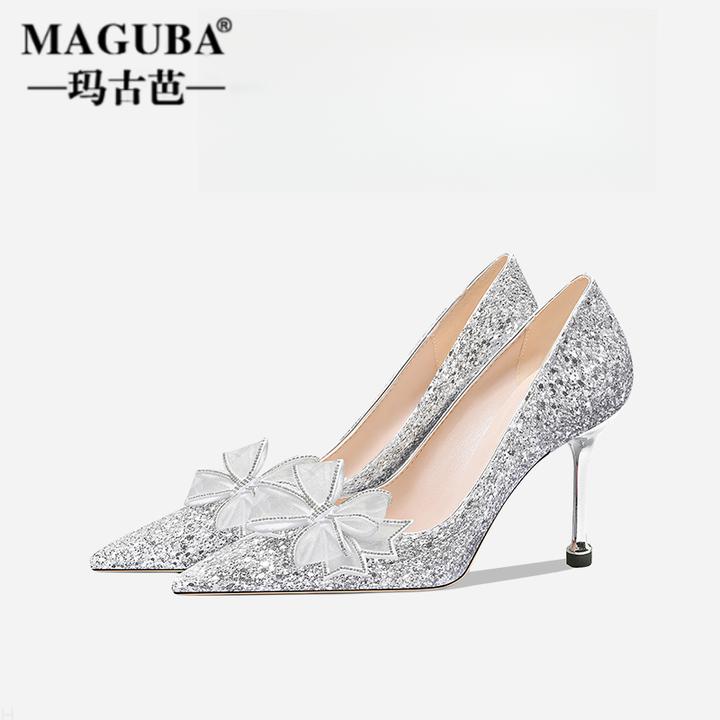 MAGUBA/玛古芭银色尖头亮片水晶新娘绝美新款法式高跟高跟鞋