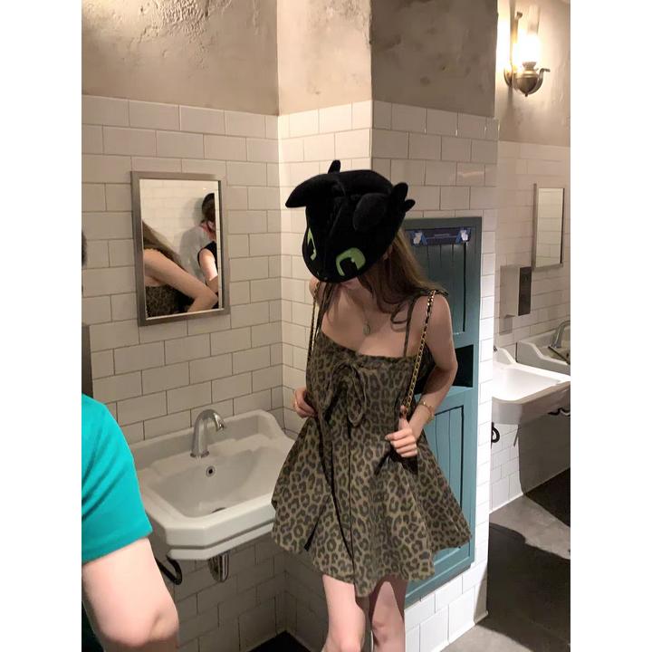 【奶豹甜心】绑带蝴蝶结A字豹纹连衣裙吊带裙夏季甜辣短裙女