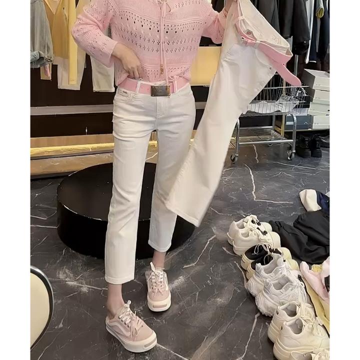 Aimeerosa/艾洛莎白色直筒牛仔裤女春季新款洋气减龄八分烟管裤子