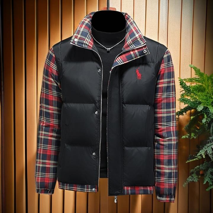 维斯克纳刺绣白鸭绒羽绒服男士格子印花拼色外套加厚潮牌冬季短款