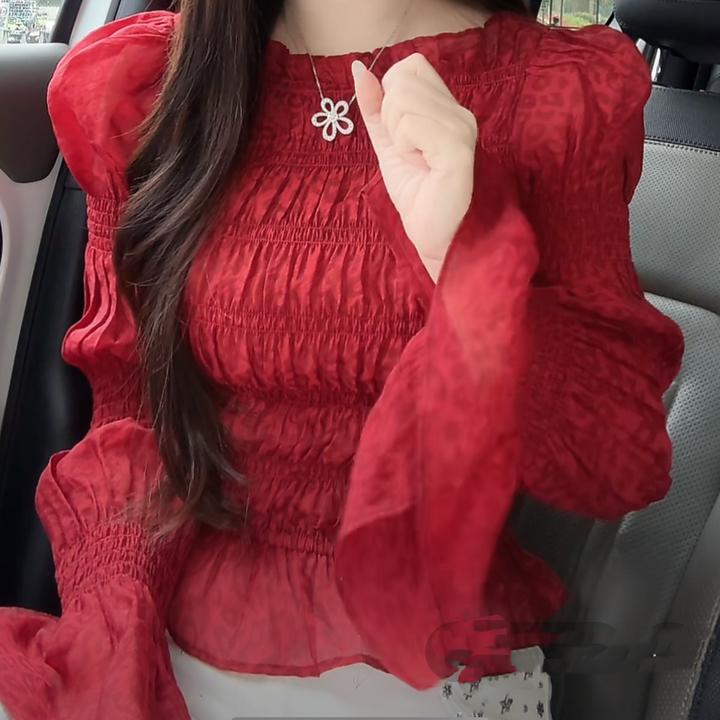 红色气质打缆高弹豹纹泡泡袖上衣20205年新款春季时尚设计感洋气