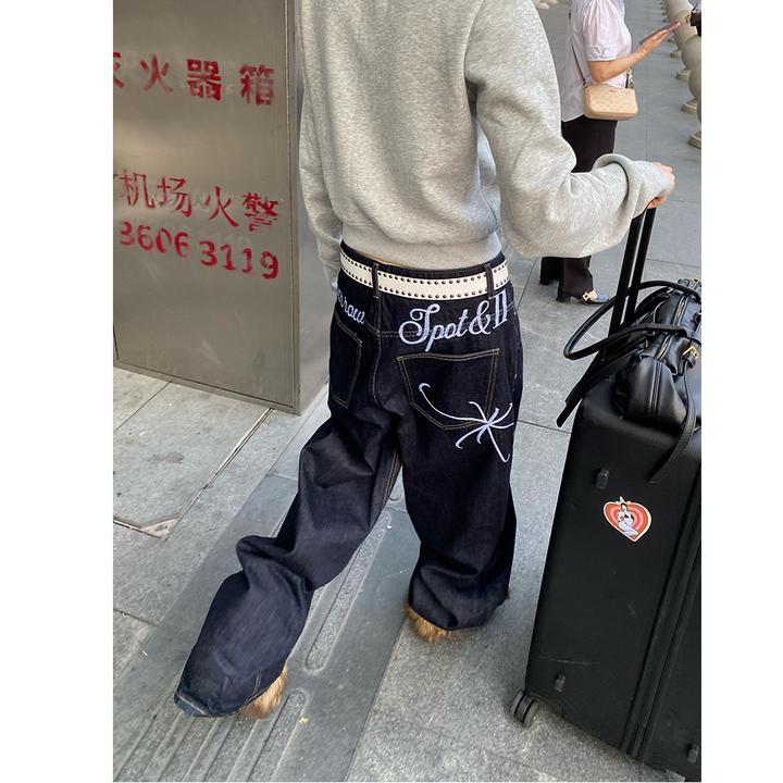 2025美式复古水洗字母刺绣牛仔裤男女春秋季宽松休闲百搭直筒长裤