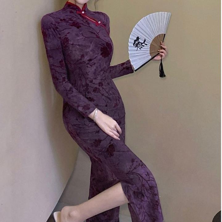 锡特帕第新款紫色旗袍年轻款高端气质性感修身长袖复古打底连衣裙
