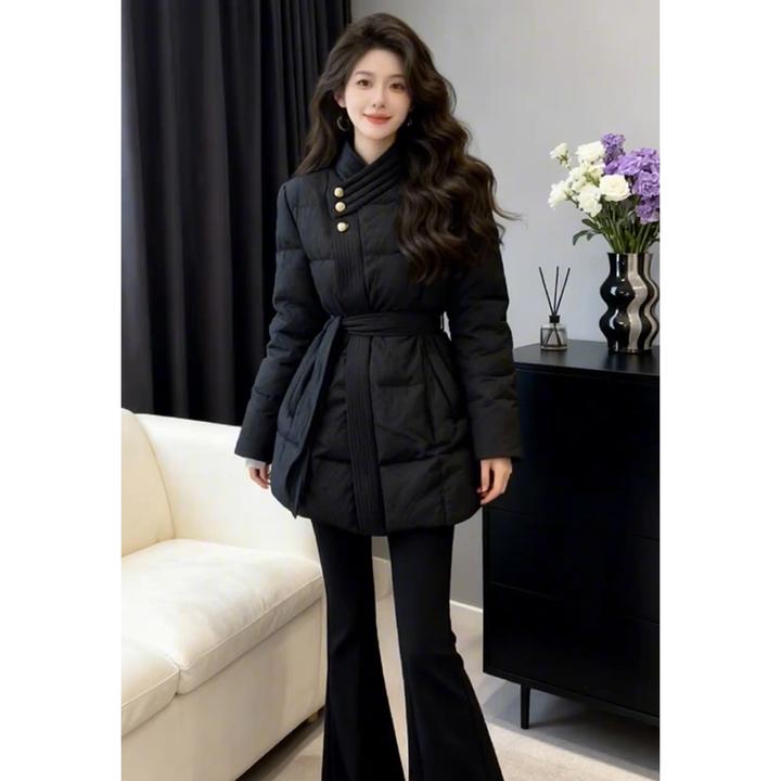 LIKEYOU【小香风】秋冬高级感黑色中长款收腰棉服女2025保暖外套女