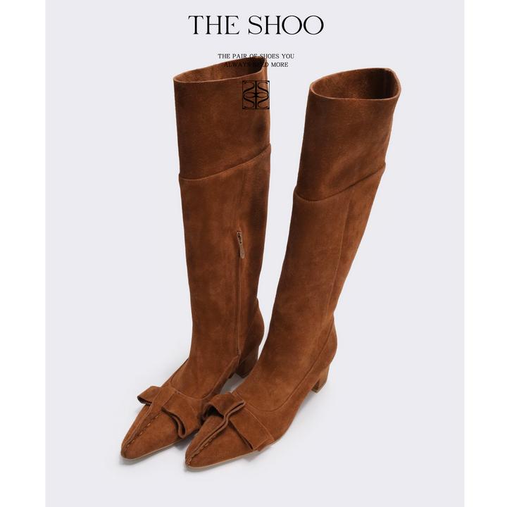 THE SHOO · 孙千同款真皮牛反绒手工缝制蝴蝶结中跟高跟长靴
