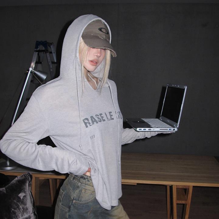 Rase le sol‘Grey Reverie’灰色微透天丝连帽衫美式宽松长袖T恤