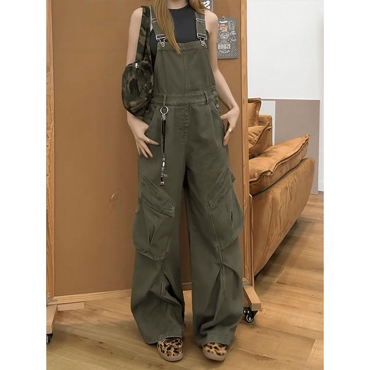 军绿色美式复古工装牛仔背带裤子女款爆款2025新款秋季显瘦阔腿裤