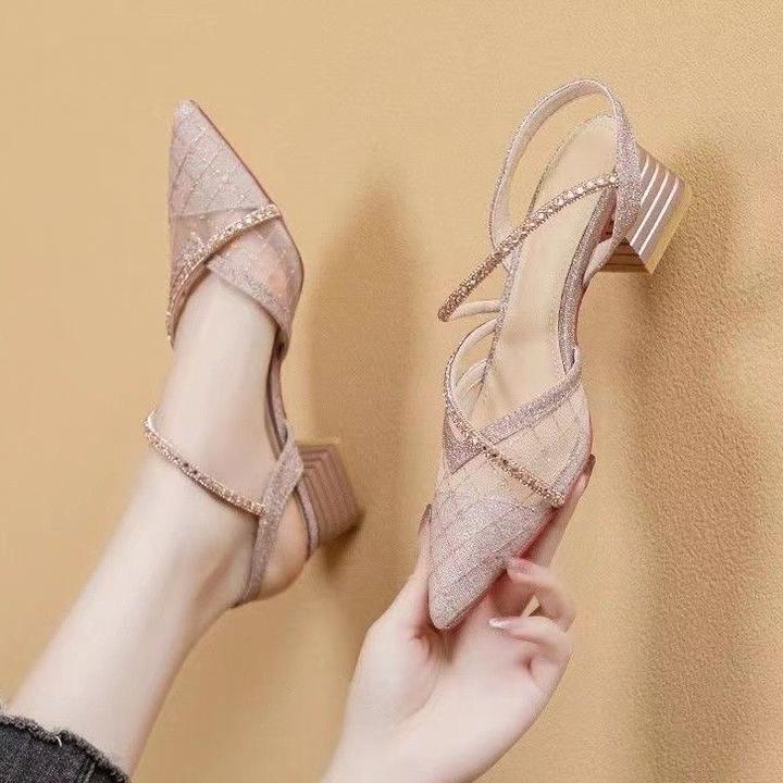 黑色包头一字带凉鞋女2025新款网纱水钻气质春夏鞋法式洋气女鞋