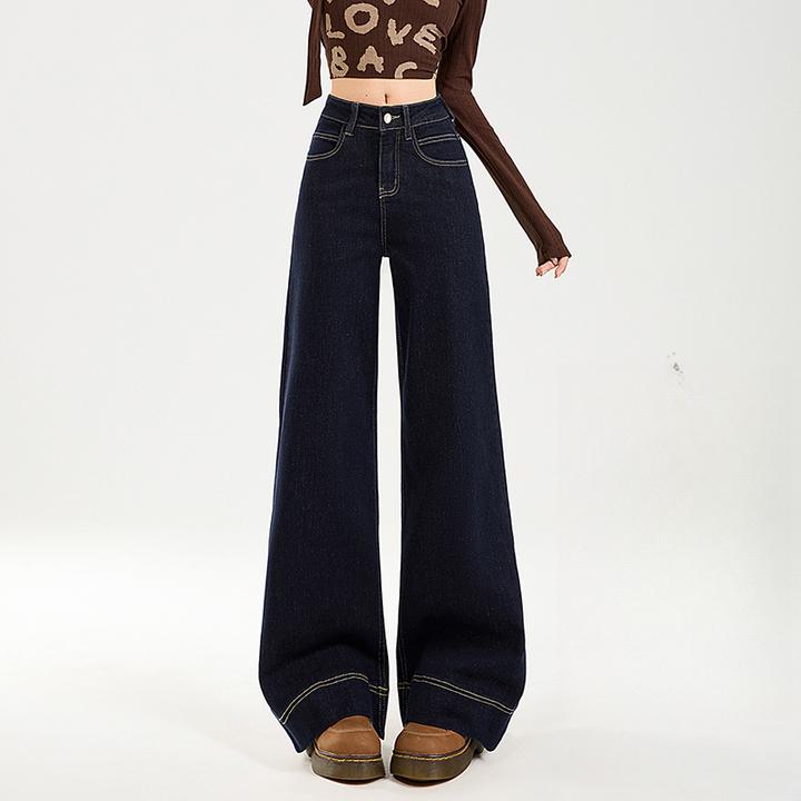 防褪色丹宁蓝美式宽松阔腿牛仔裤女弹力慵懒微喇拖地显瘦牛仔裤